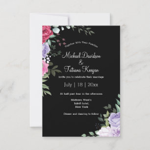 Elegante schwarze Wasserfarben-Hochzeit mit floral Einladung