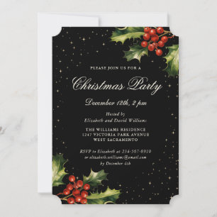Elegante schwarze Weihnachtsfeier mit Stechpalme u Einladung