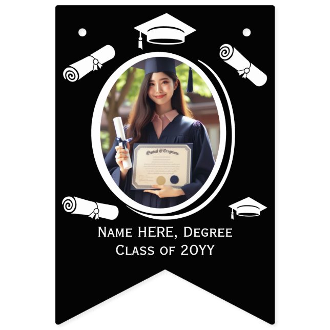 Elegante schwarze, weiße Foto Graduation Cap, Dipl Wimpelkette (Erste Fahne)