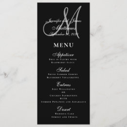 Elegante Schwarze Weiße Schrift Monogramm Hochzeit Menükarte