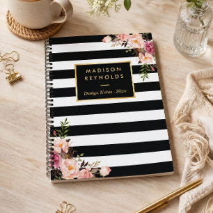 Elegante schwarze weiße Streifen Blumen Persönlich Notizbuch