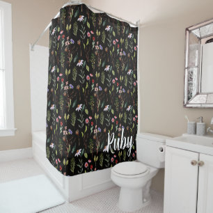 Elegante schwarze weiße und rosa Wildblumen-Wasser Duschvorhang