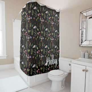 Elegante schwarze weiße und rosa Wildblumen-Wasser Duschvorhang