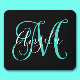 Elegante schwarze, weiße und türkisfarbene Monogra Mousepad