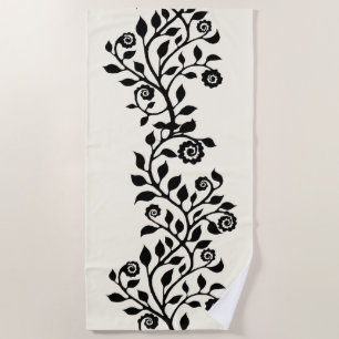 Elegante Schwarze Wirble Ornamente Vintag Floral B Strandtuch