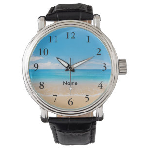 Elegante schwarze Zahlen Aqua Beach Szene personal Armbanduhr