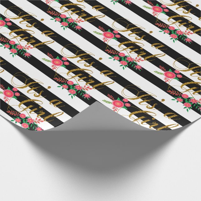 Elegante Schwarzweiss-Streifen mit rosa Blumen Geschenkpapier (Ecke)