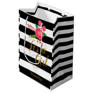 Elegante Schwarzweiss-Streifen mit rosa Blumen Mittlere Geschenktüte