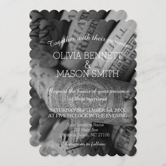 Elegante Schwarzweiss-Wein-Korken-Hochzeits-Karte Einladung (Vorne/Hinten)