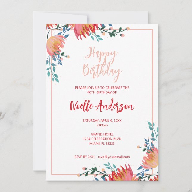 Elegante, schwindelerregende Blume zum Geburtstag Einladung (Vorderseite)