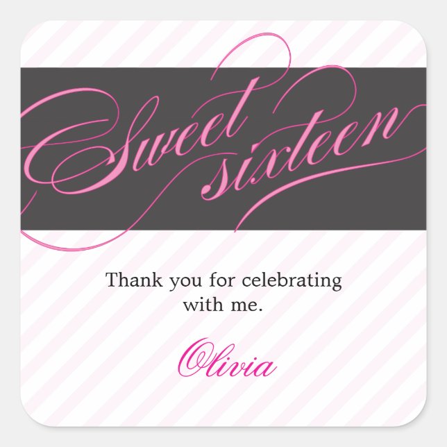 Elegante Script 16 . Geburtstag Gastgeschenk Stick Quadratischer Aufkleber (Vorderseite)