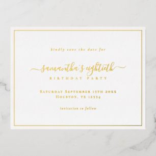 Elegante Script 80. Geburtstagskarte Save the Date Folien Feiertagspostkarte