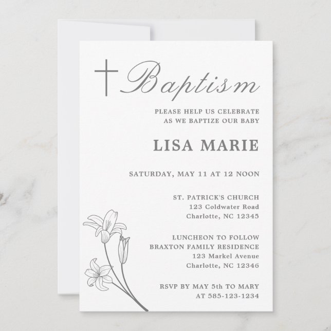 Elegante Script Baby White Taufe Einladung (Vorderseite)