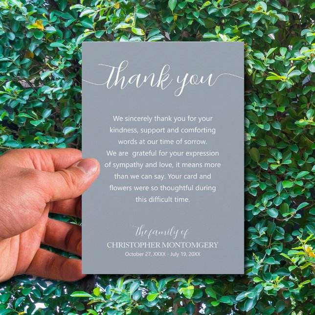 Elegante Script-Beerdigung Dankeskarte (Simple blue funeral thank you cards are 3.5" x 5" or choose a different size)
