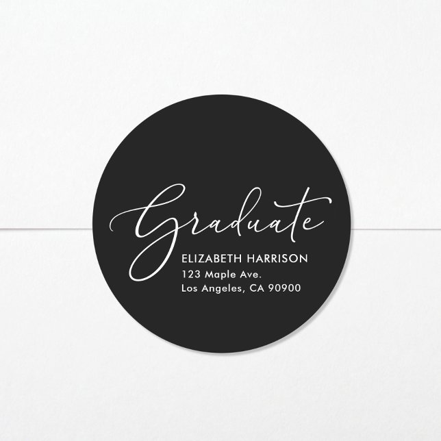 Elegante Script Black Abschluss-Rücksendeadresse Runder Aufkleber (Von Creator hochgeladen)