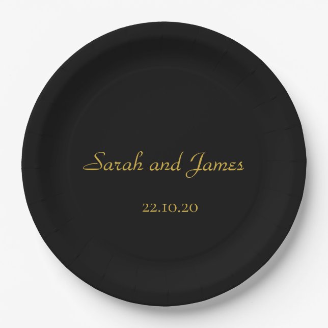 Elegante Script Black and Gold Wedding Party Pappteller (Vorderseite)