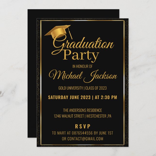 Elegante Script Black Confetti Graduation Party Einladung (Vorne/Hinten)