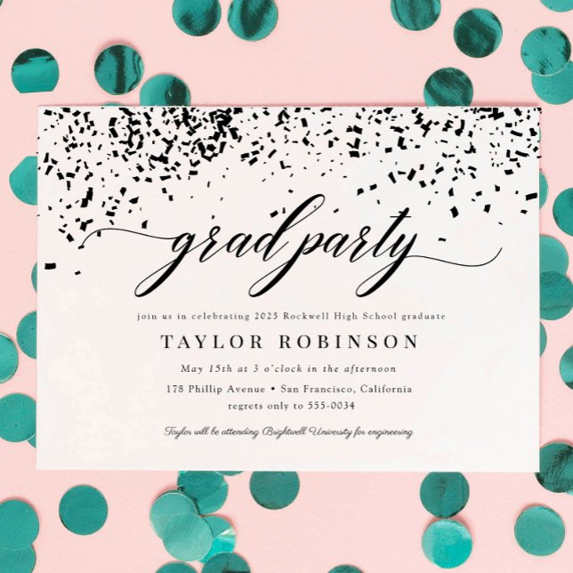 Elegante Script Black Confetti Graduation Party Einladung (Von Creator hochgeladen)