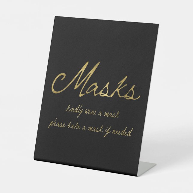 Elegante Script Black Gold Maske Hochzeit Sockelschild (Vorderseite)