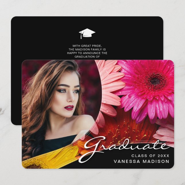 Elegante Script-Blume | Modernes Foto Grad Ankündigung (Vorne/Hinten)