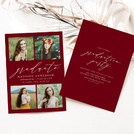 Elegante Script Burgundy 4 Foto Graduation Party Einladung