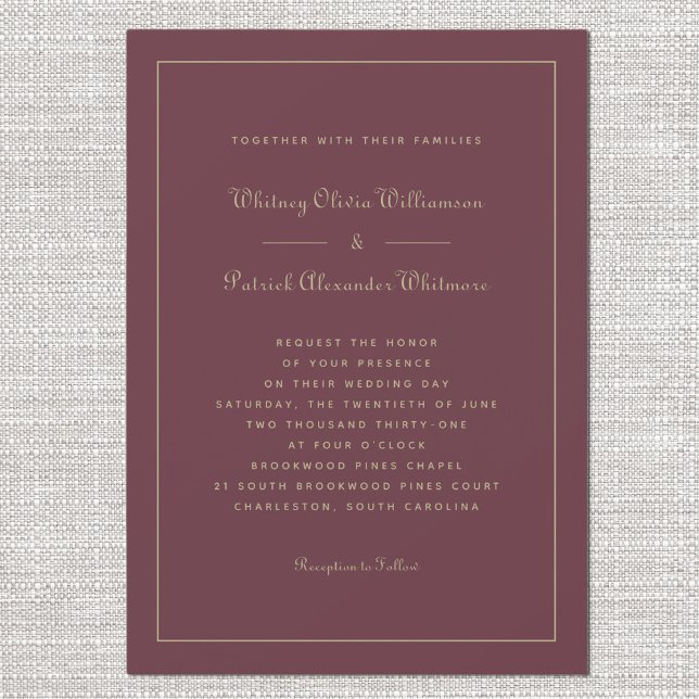 Elegante Script Burgundy Gold Chic Feierliche Hoch Einladung (Elegant Script Burgundy Gold Chic Formal Weddings Invitation)