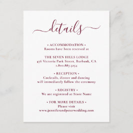 Elegante Script Burgundy Wedding Details Begleitkarte