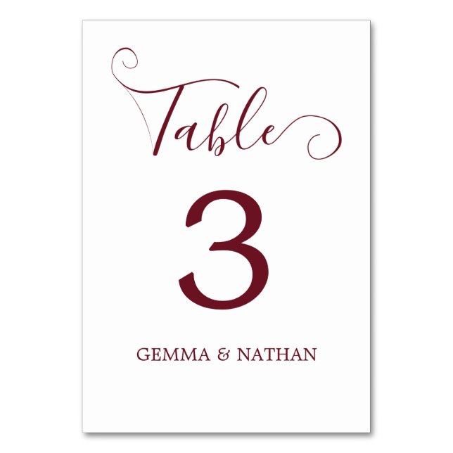 Elegante Script Burgundy Wedding Tischnummer Card (Vorderseite)