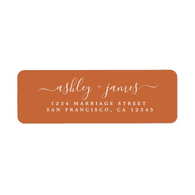Elegante Script Burnt Orange Wedding Rücksendeadre (Vorne)