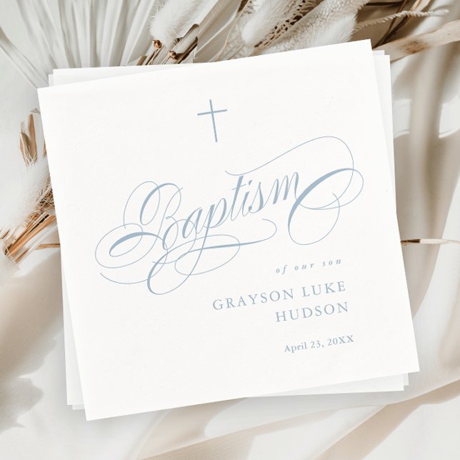 Elegante Script Calligraphy Dusty Blue Boys Taufe Serviette (Elegant calligraphy dusty blue boys baptism napkins.)