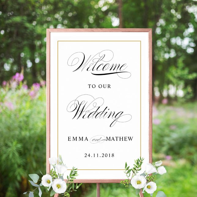 Elegante Script Calligraphy Gold Wedding Willkomme Poster (Von Creator hochgeladen)