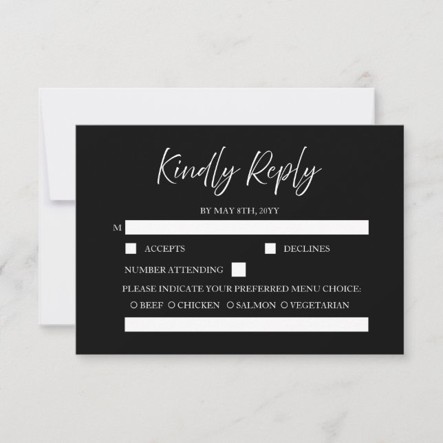 Elegante Script Calligraphy Minimal Black Wedding RSVP Karte (Vorderseite)