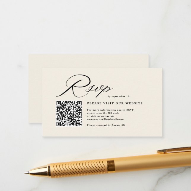 Elegante Script Calligraphy & QR Code Wedding RSVP Begleitkarte (Vorderseite/Rückseite Beispiel)