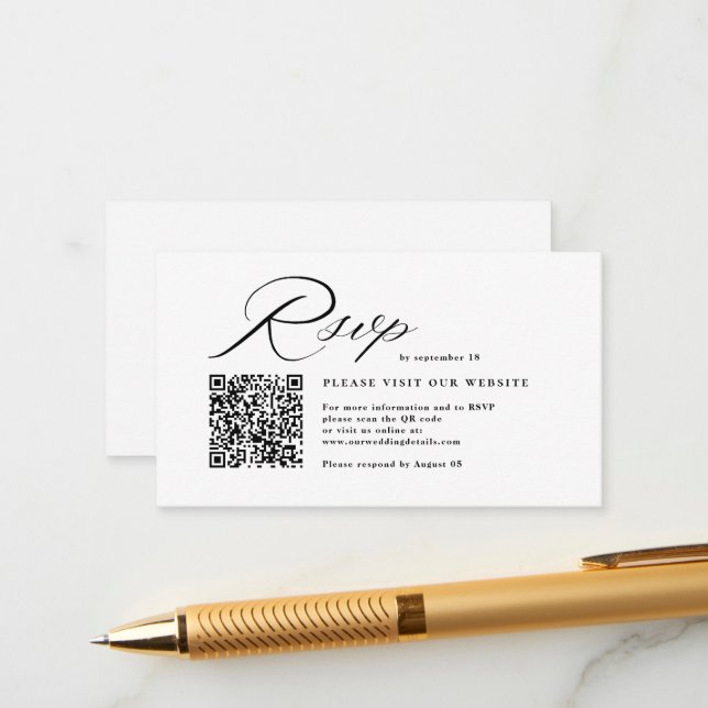 Elegante Script Calligraphy & QR Code Wedding RSVP Begleitkarte (Vorderseite/Rückseite Beispiel)
