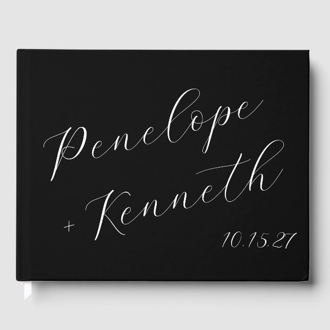 Elegante Script Calligraphy Wedding Custom Black Gästebuch (Vorderseite)