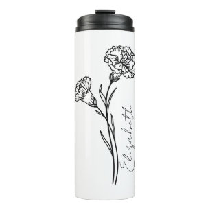 Elegante Script Carnation Januar Geburtsname Blume Thermosbecher