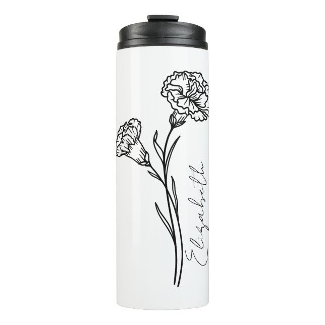 Elegante Script Carnation Januar Geburtsname Blume Thermosbecher (Vorderseite)