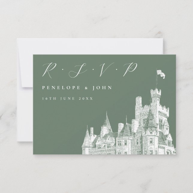 Elegante Script Castle Sage Green Wedding RSVP Karte (Vorderseite)