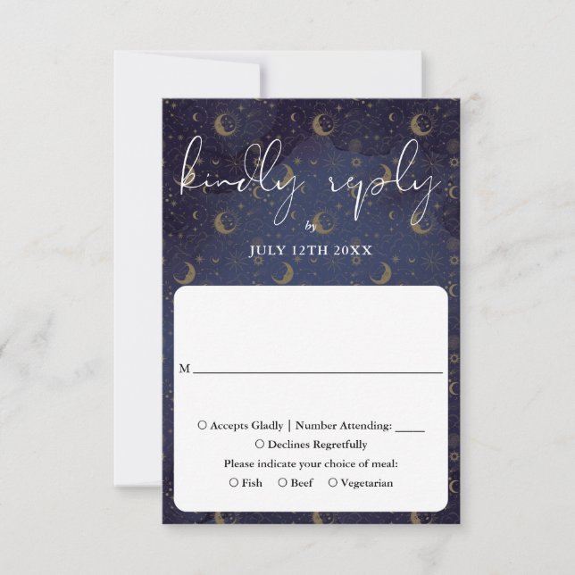 Elegante Script Celestial Mystical Wedding RSVP Karte (Vorderseite)
