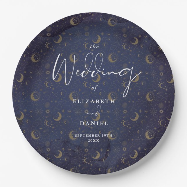 Elegante Script Celestial Stars and Moons Wedding Pappteller (Vorderseite)