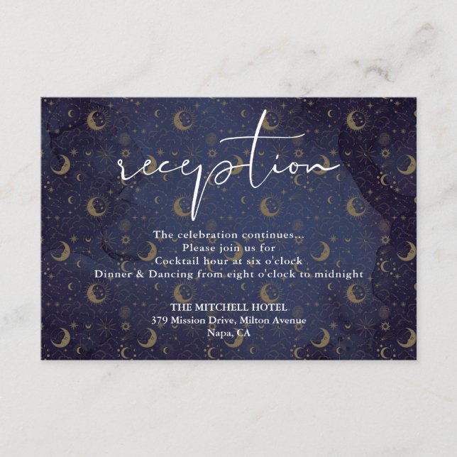Elegante Script Celestial Wedding Reception Begleitkarte (Vorderseite)