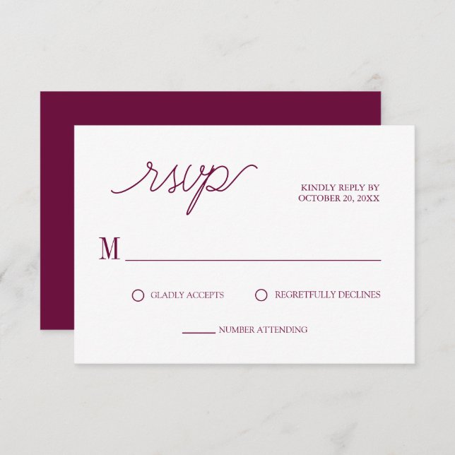 Elegante Script Chic Burgundy Minimale Hochzeit RSVP Karte (Vorne/Hinten)