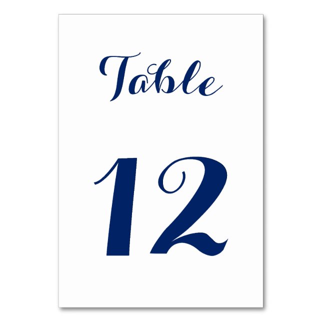Elegante Script Chic White Navy Blue Wedding Party Tischnummer (Vorderseite)