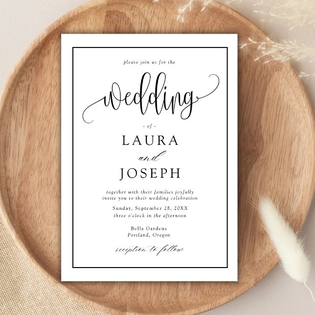 Elegante Script Classic Black and White Wedding Einladung (Elegant script black and white wedding invitation sets a timeless romantic tone with your details)
