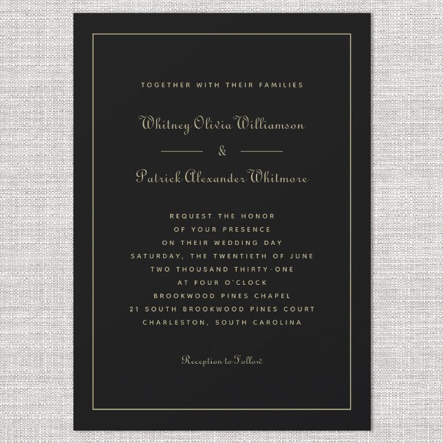 Elegante Script Classic Black Gold Feierliche Hoch Einladung (Elegant Script Classic Black Gold Formal Weddings Invitation)