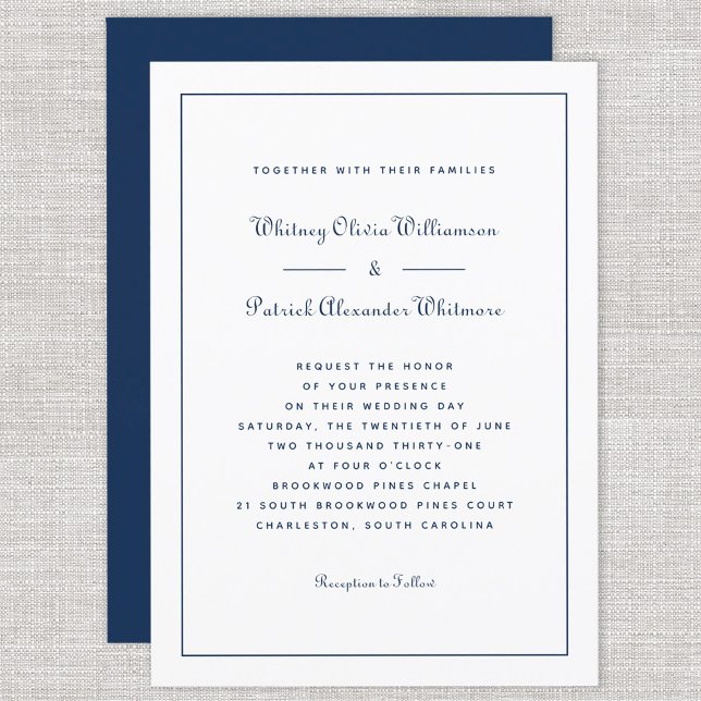 Elegante Script Classic Navy Weiße Hochzeiten Einladung (Elegant Script Classic Navy White Formal Weddings Invitation)