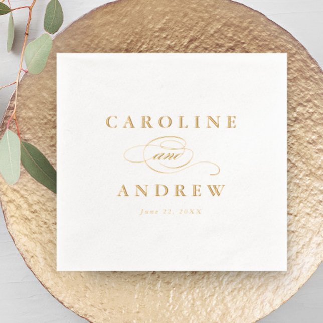 Elegante Script Classic Wedding Servietten Mit Folie (Elegant typography script wedding real foil napkins.)