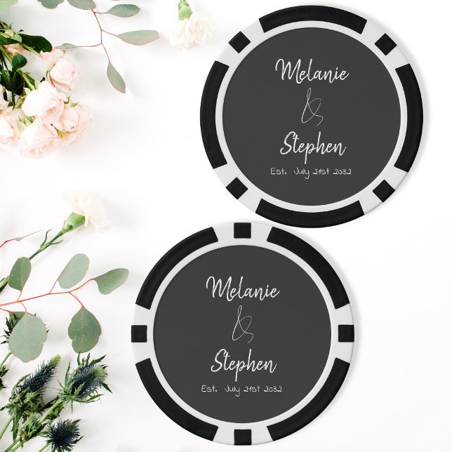 Elegante Script Couple Names Date Typogray Pokerchips (Elegant Script Couple Names Date Typography Gray Poker Chips)