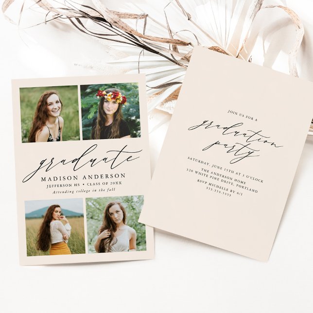 Elegante Script Cream 4 Foto Graduation Party Einladung (Von Creator hochgeladen)