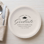 Elegante Script Cream Cheers to the Graduate Pappteller<br><div class="desc">Elegante Abschluss-Papier-Teller mit einem Graduierungspapier mit der Phrase "Cheers to the Graduate" in einem schwarzen Kalligrafieschrift auf cremefarbenem Hintergrund. Personalisieren Sie die modernen Abschluss-Papier-Teller mit dem Namen des Absolventen,  Schulname und Abschluss Jahr. Die einfachen Abschluss-Teller sind ideal für Ihr High School- oder Uni-Abschluss-Party.</div>